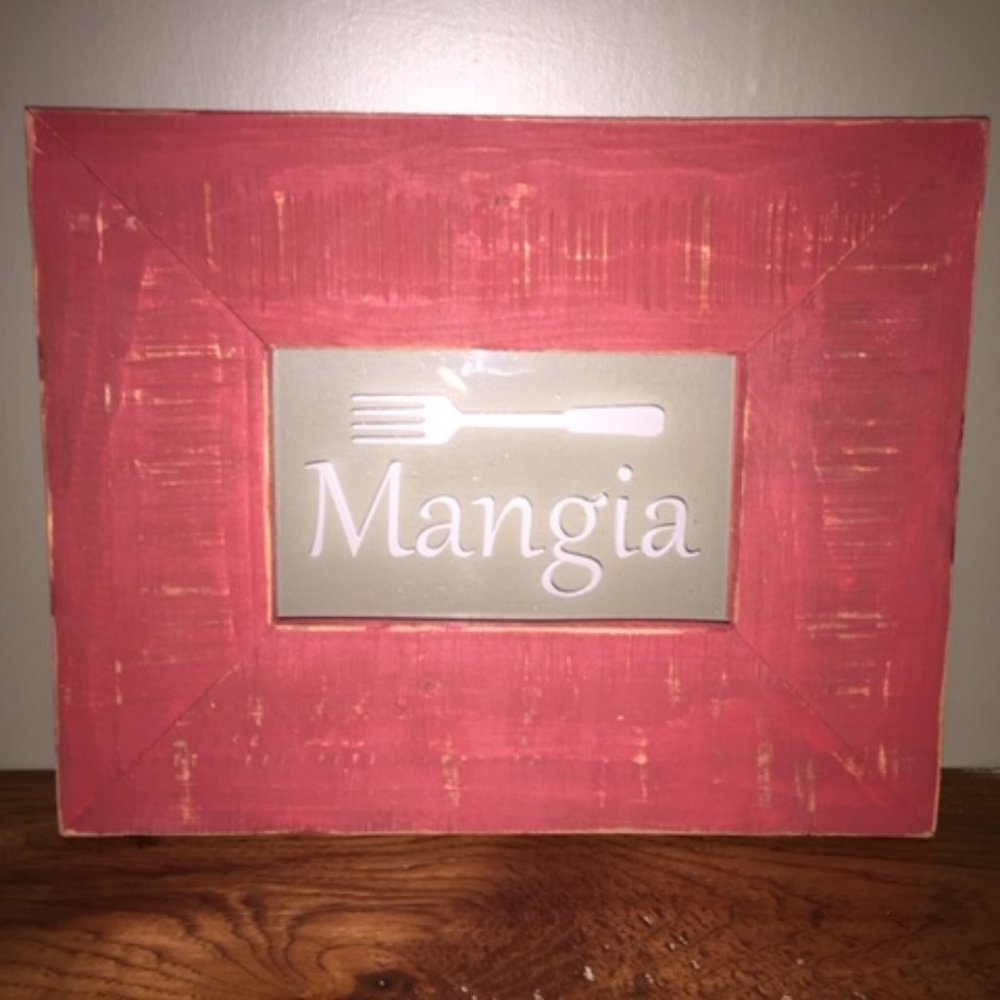 Mangia (Eat) Carved Glass & Wood Wall Art Handmade